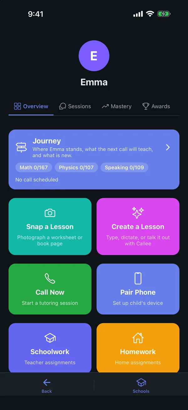 Parent tools: snap a lesson, create a lesson, call now