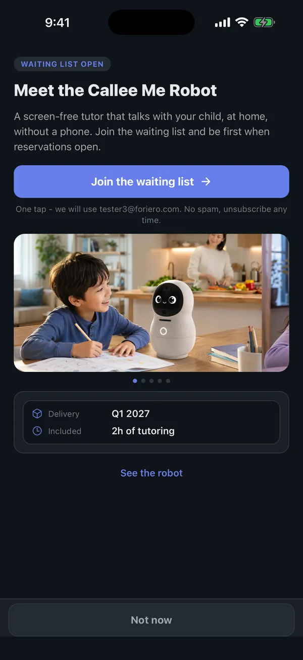 The Callee Me app showing the robot screen