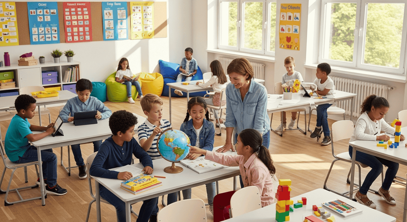Teacher helping students learn