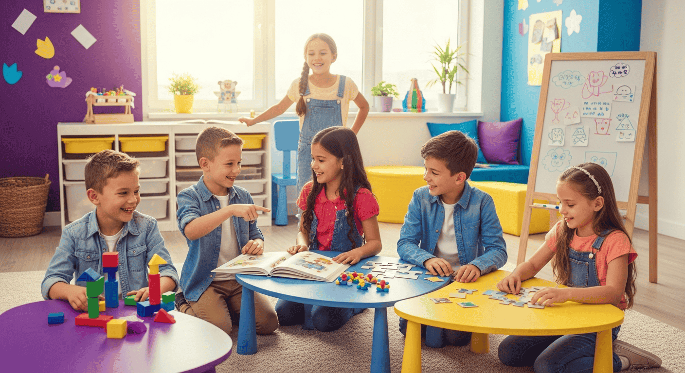 Happy kids playing and learning