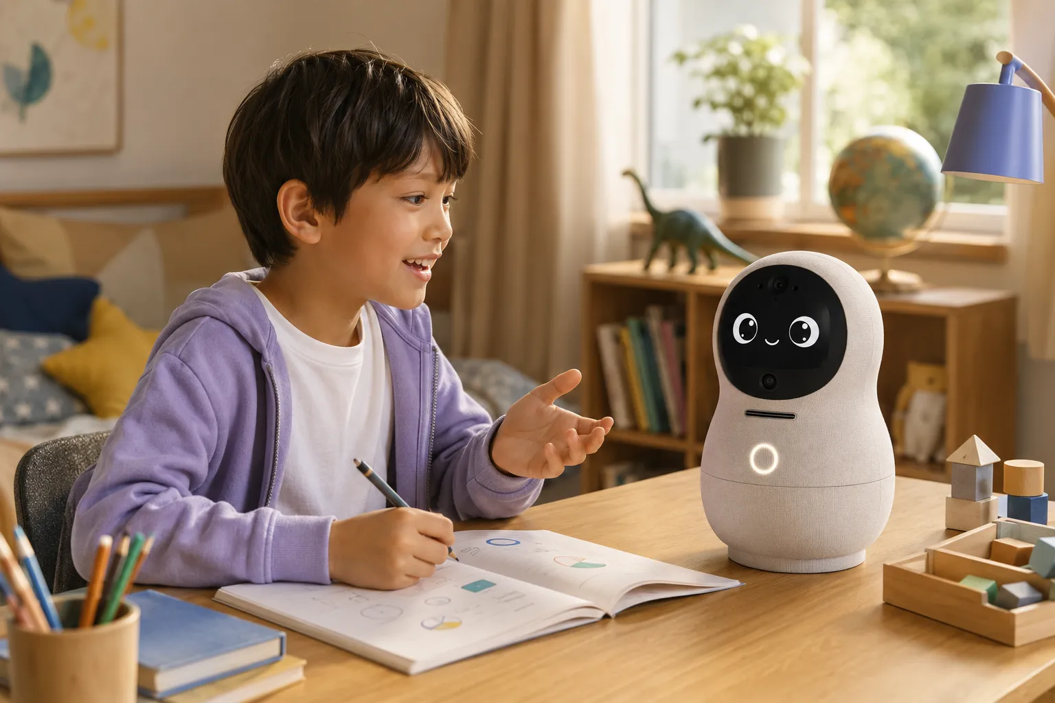A boy at his desk laughing with the Callee Me Robot