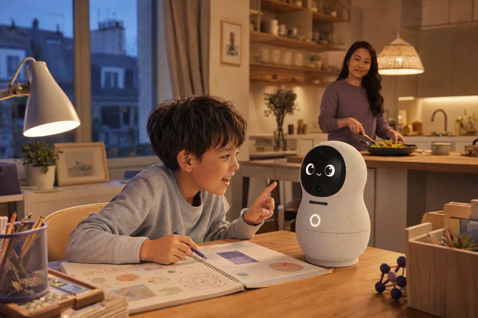 A boy studying in the evening, the Callee Me Robot glowing on his desk