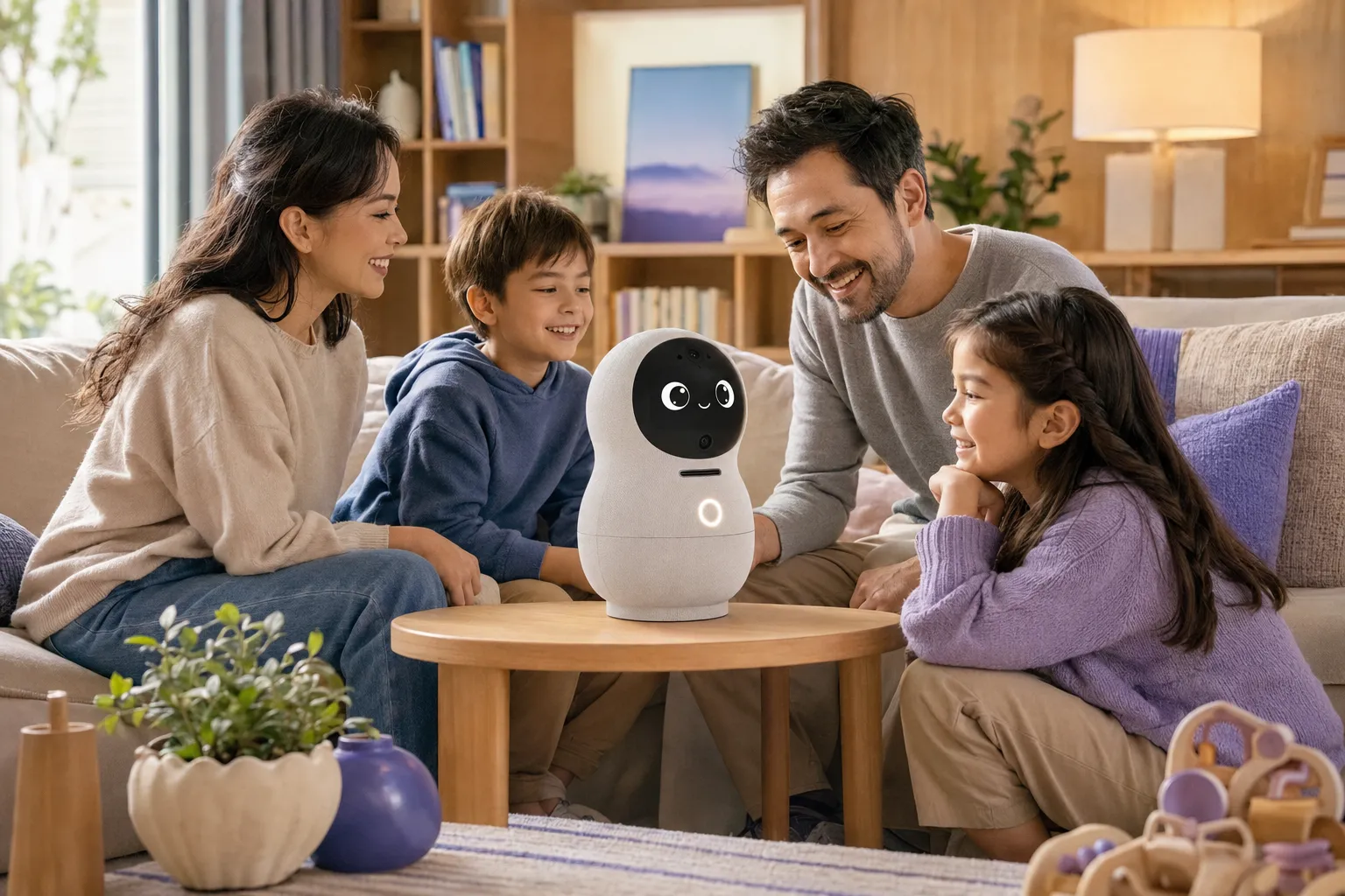 A family in the living room talking together with the Callee Me Robot
