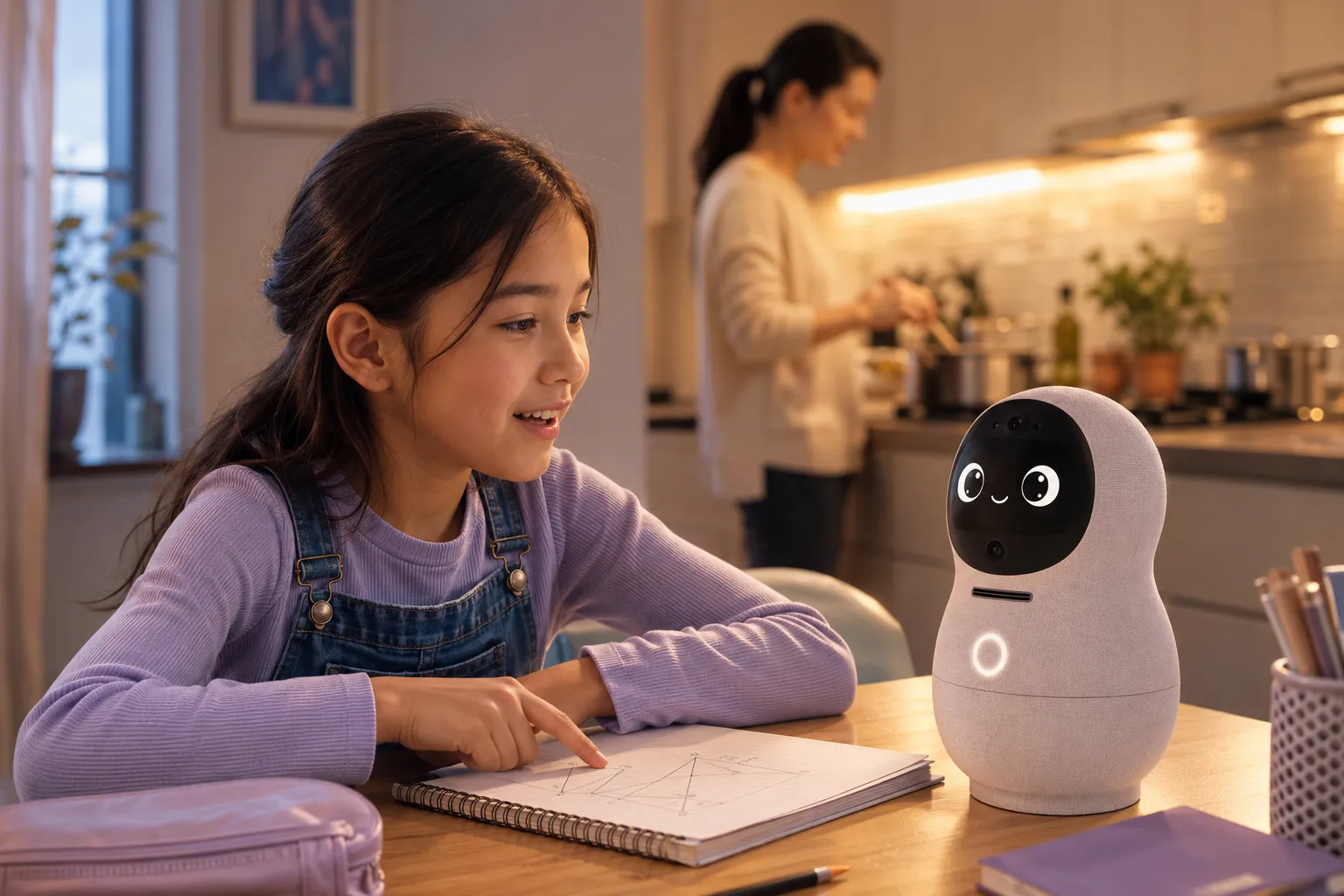 A girl doing homework at the kitchen table next to the Callee Me Robot
