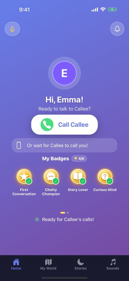 The child's home screen: one tap to call the tutor