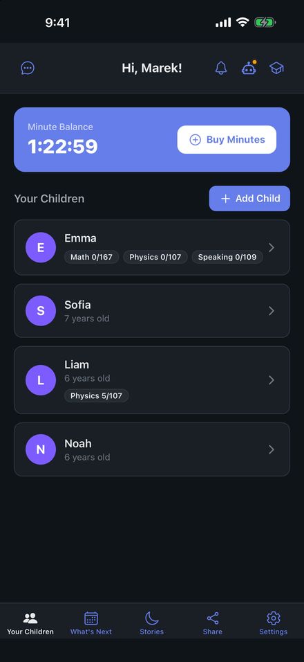 Parent home: minute balance and every child at a glance