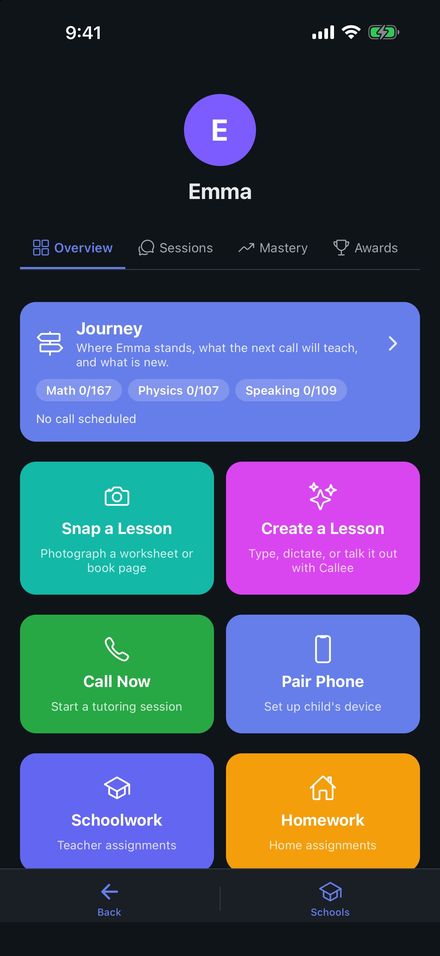 Parent tools: snap a lesson, create a lesson, call now